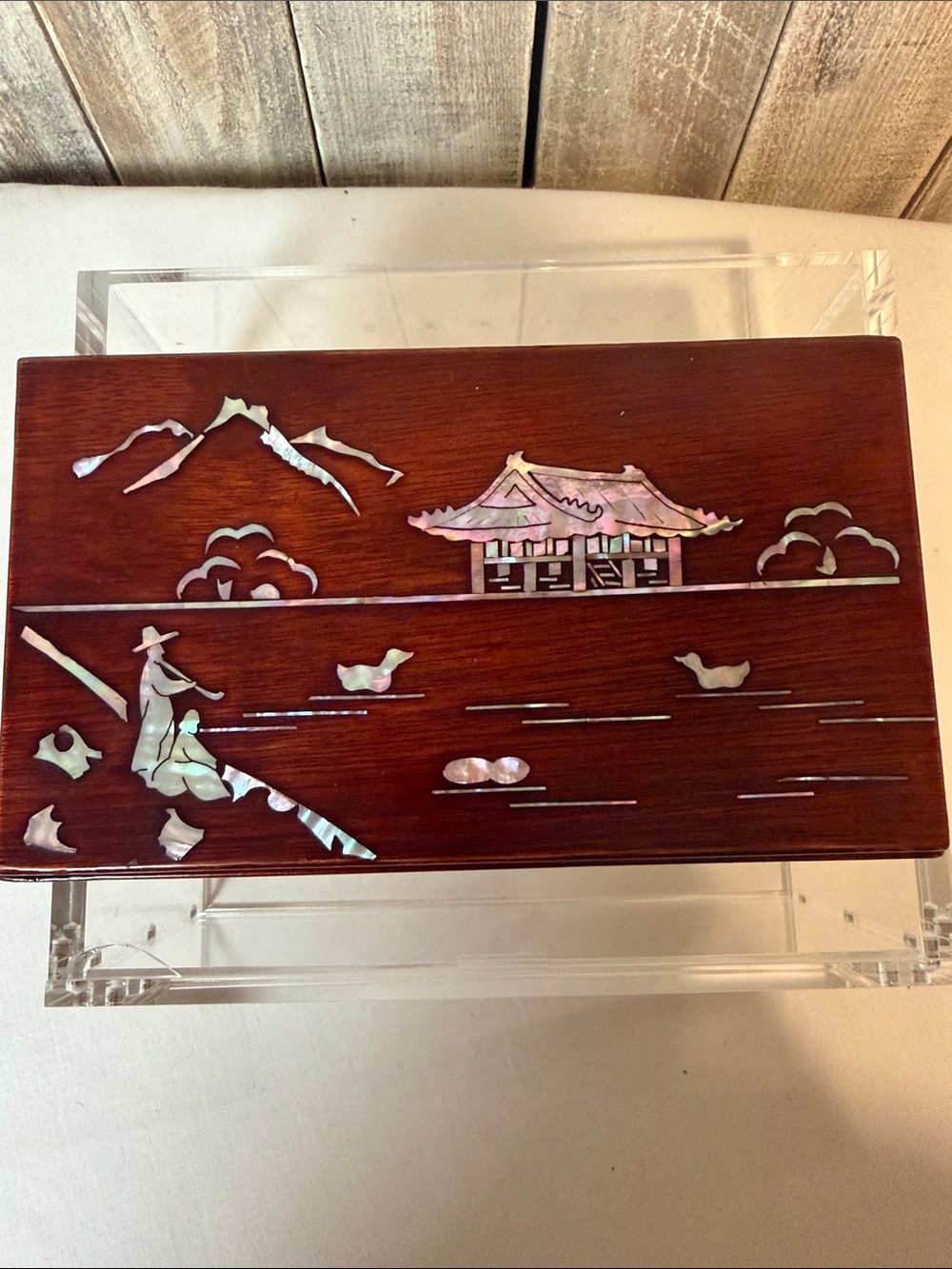 Vintage Lacquered Wood Mother-of-Pearl Inlay Cigarette Holder Trinket Box
